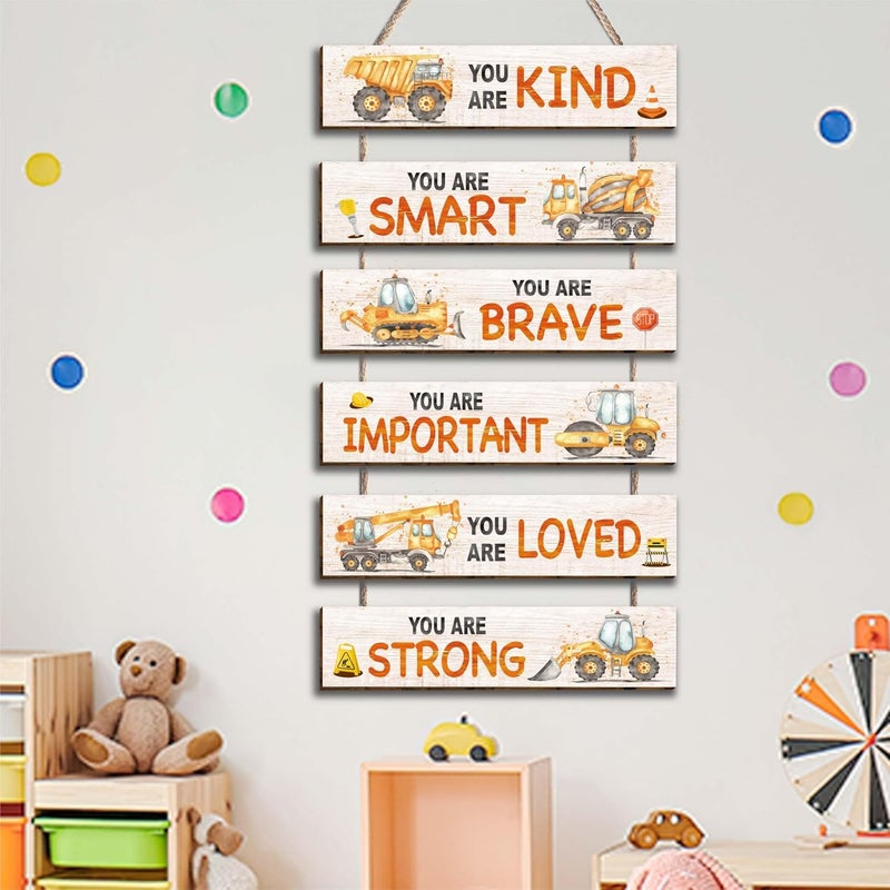 HIWERAN 6 Pcs Construction Truck Decor Kids Room Decor, Construction Truck Positive Quotes Wall Art Decor Hanging Plaque Sign for Teens Bedroom Toddler Room, Works of art Made of Wood, Placards of Wood - Image 3